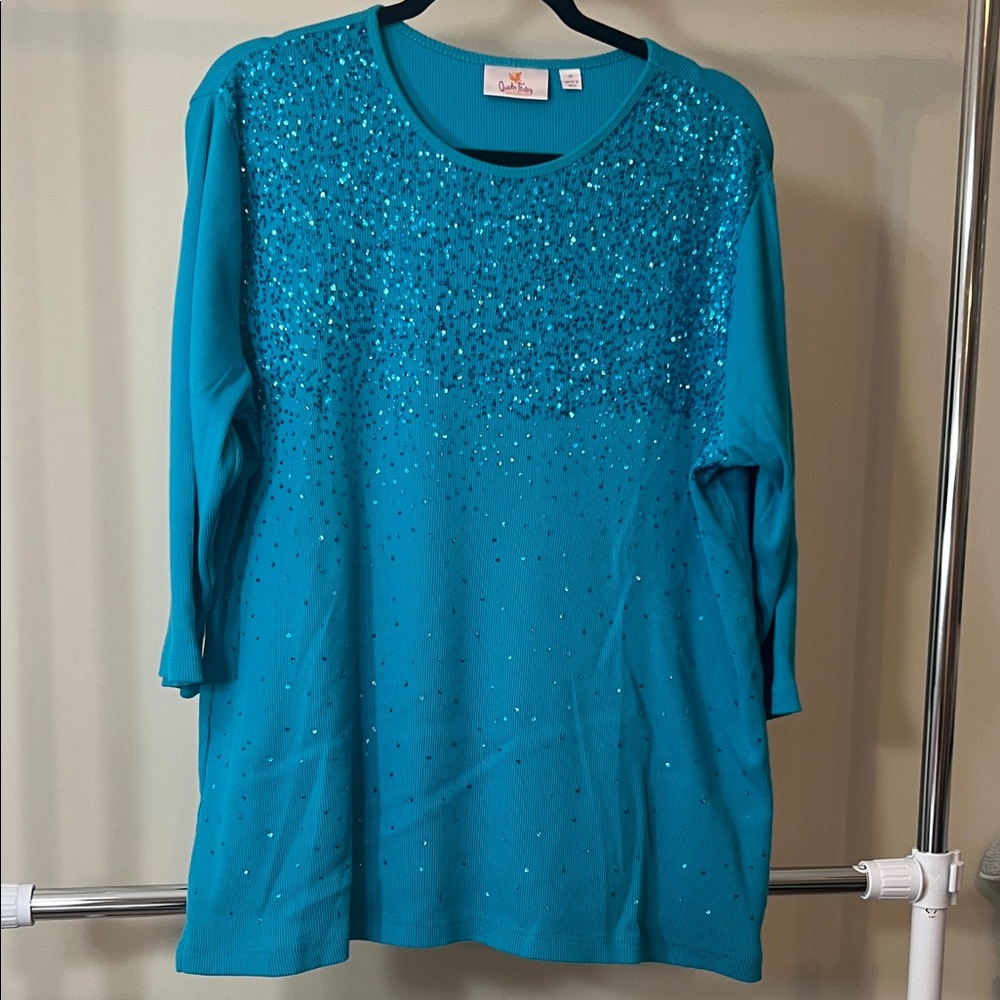 Quacker Factory Turquoise Sequin Top